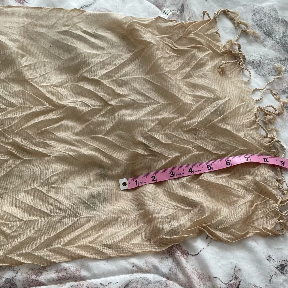 Beige pleated textured acrylic semi sheer scarf with fringe trim, size 69»x15”